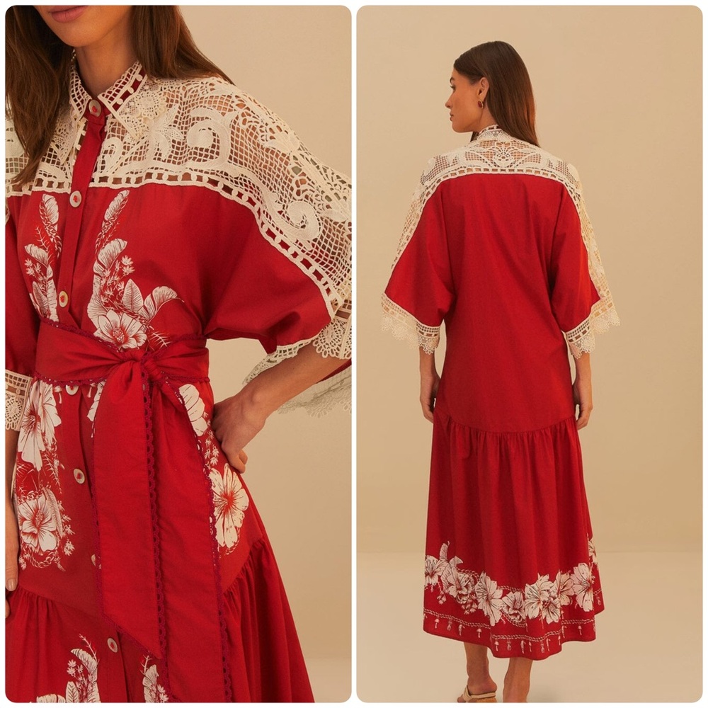Farm Rio XXS Red Floral Chains Guipure Midi Dress - Picture 3 of 12